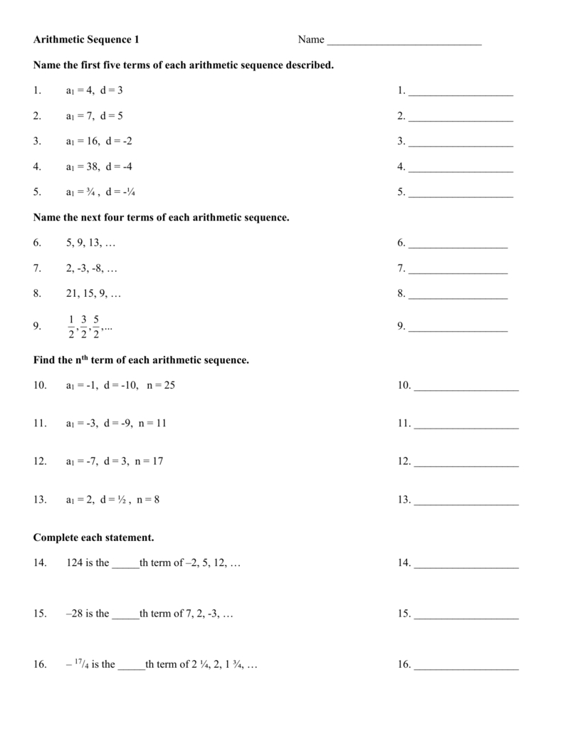 Arithmetic Sequence Worksheets With Answers