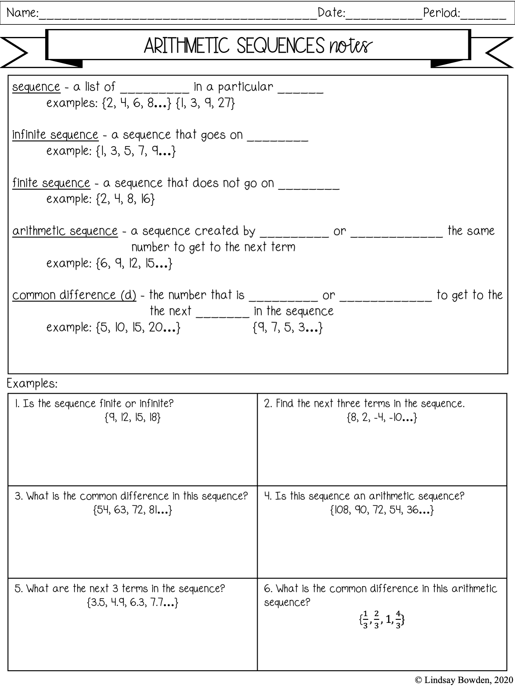 Arithmetic Sequences Notes And Worksheets Lindsay Bowden Arithmetic Sequences Notes And Worksheets Lindsay Bowden