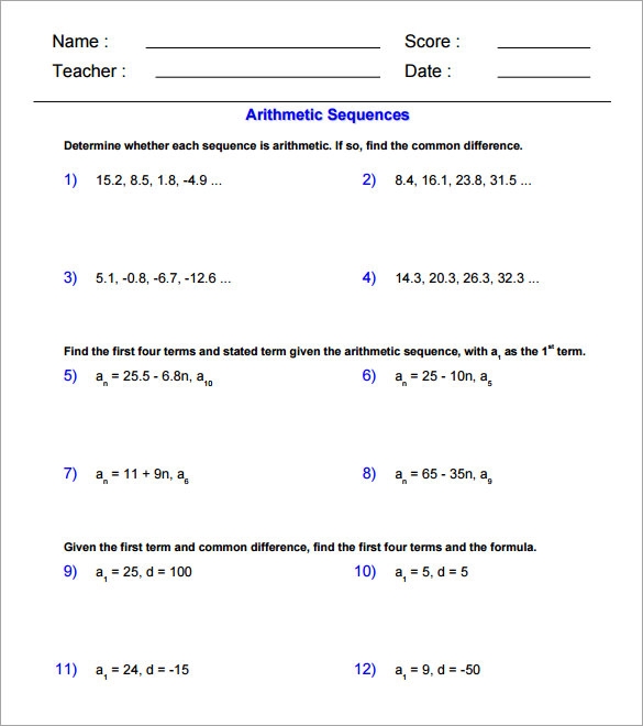 arithmetic sequence worksheet arithmetic sequence worksheet