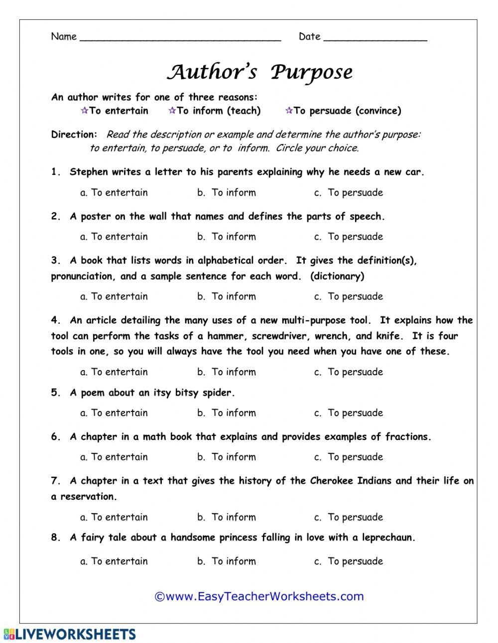 Author 39 s Purpose Worksheet Understanding The Intent Behind Writing Author 39 s Purpose Worksheet Understanding The Intent Behind Writing