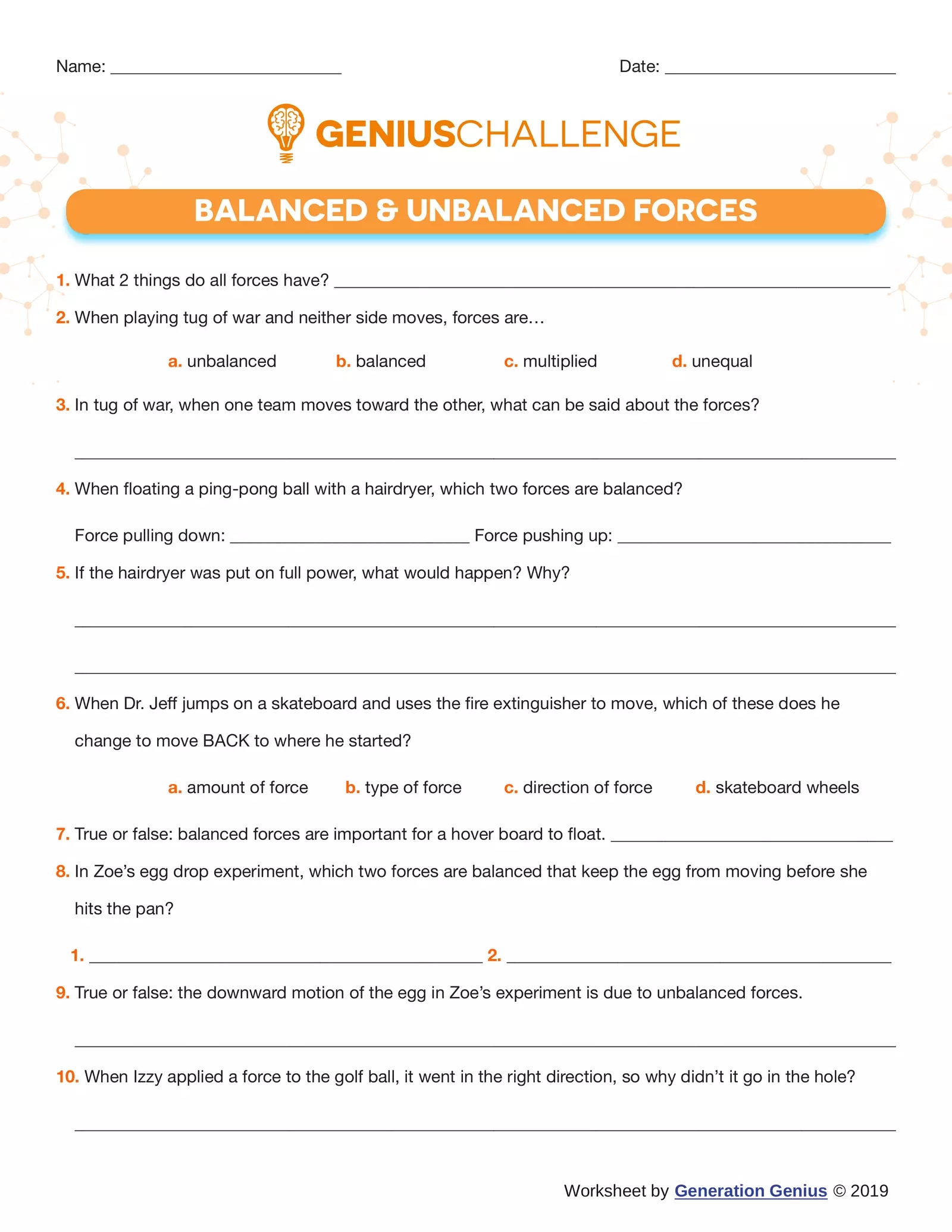 Balanced And Unbalanced Forces Worksheet Year 7