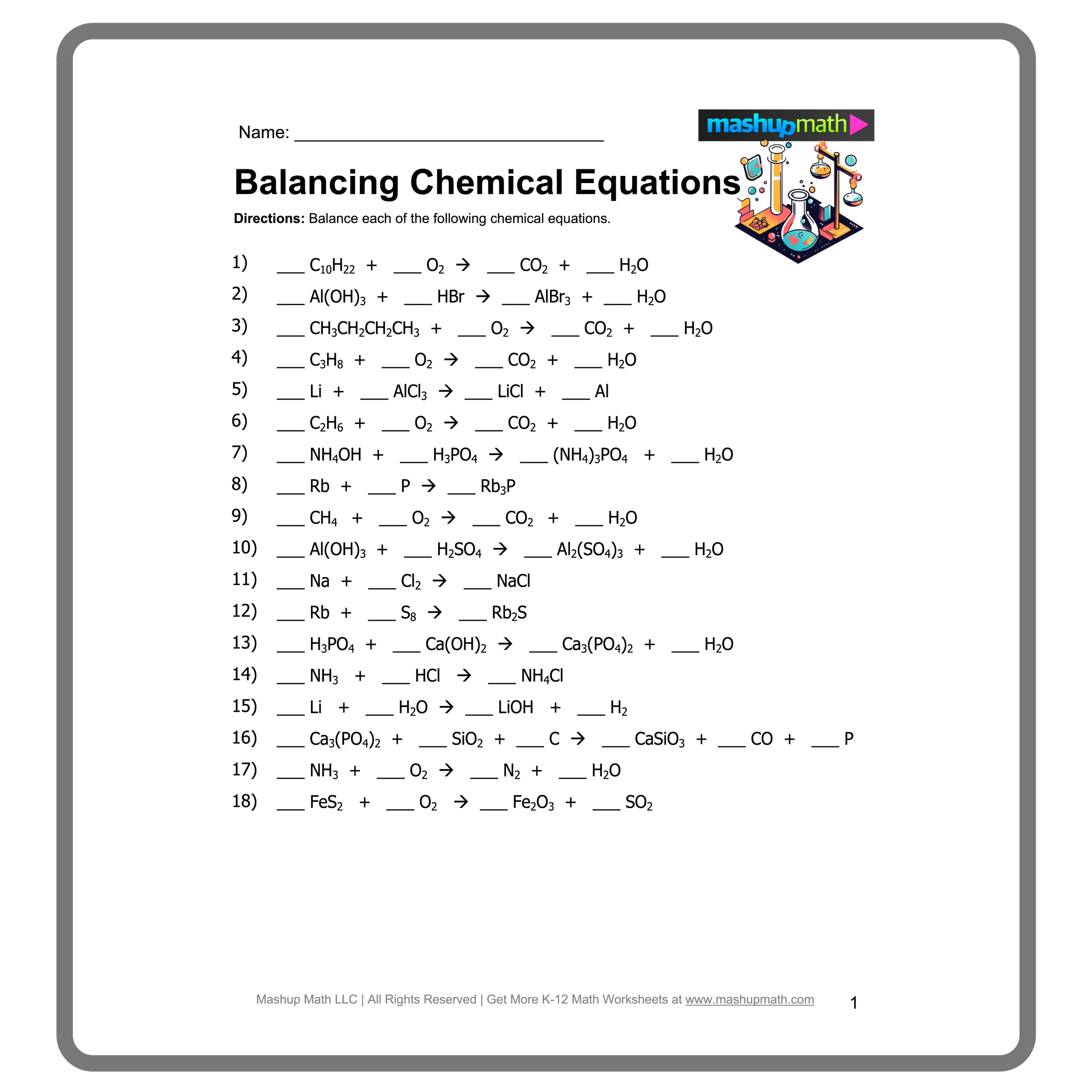 Balancing Chemical Equations Worksheets with Answers Mashup Math