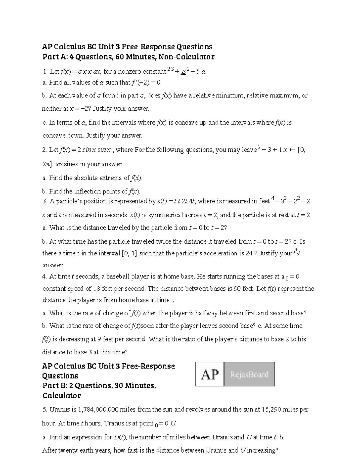 BC Calc Unit 3 FRQ Practice AP Calculus BC Unit 3 Free Response 