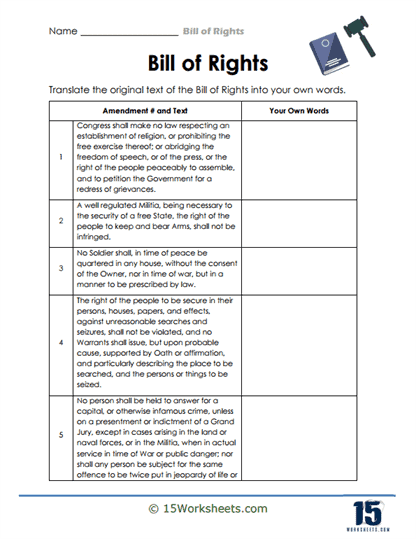 Bill Of Rights Worksheets 15 Worksheets