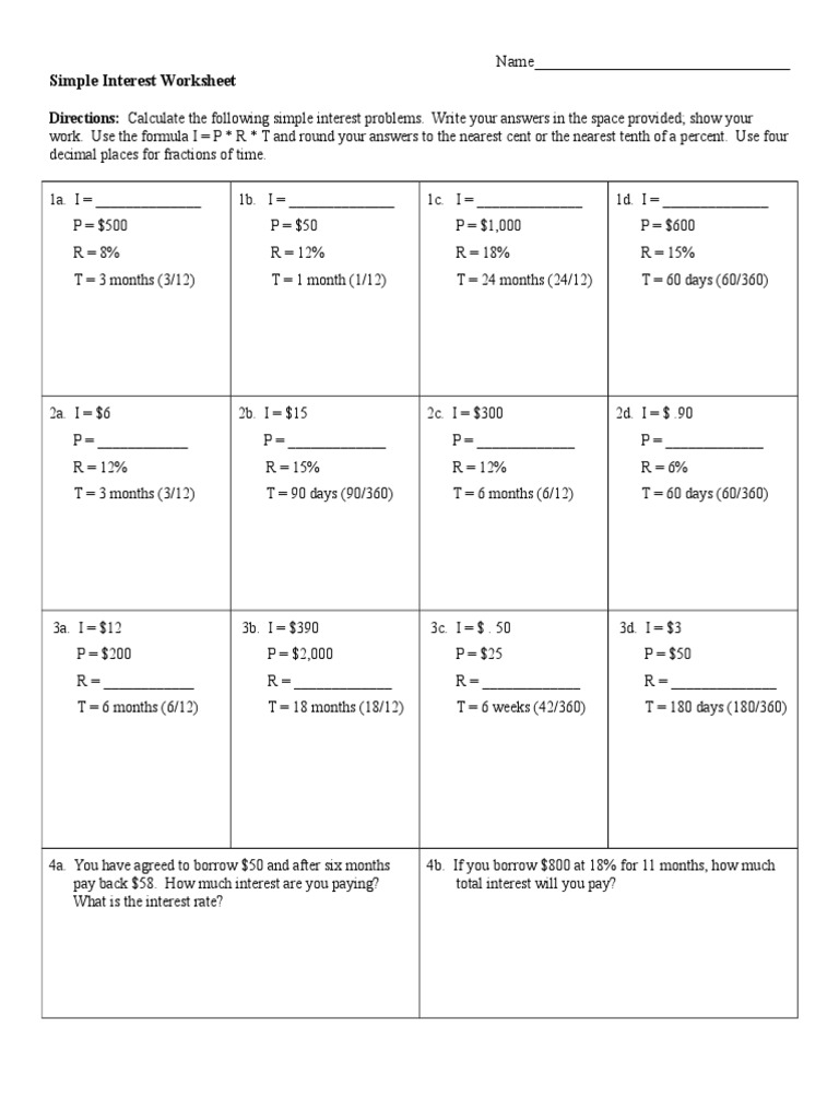 simple interest worksheet simple interest worksheet