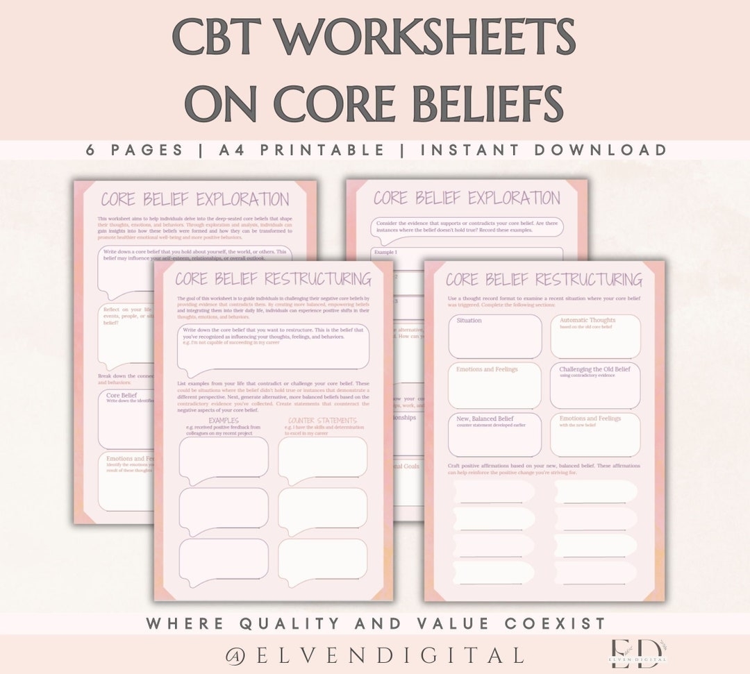 CBT Worksheets Core Beliefs Therapy Worksheet For Teens And Etsy