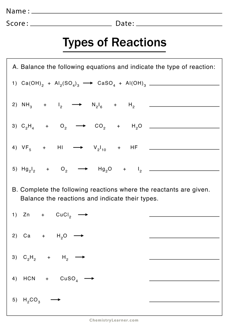 Chemical Reaction Types Worksheet