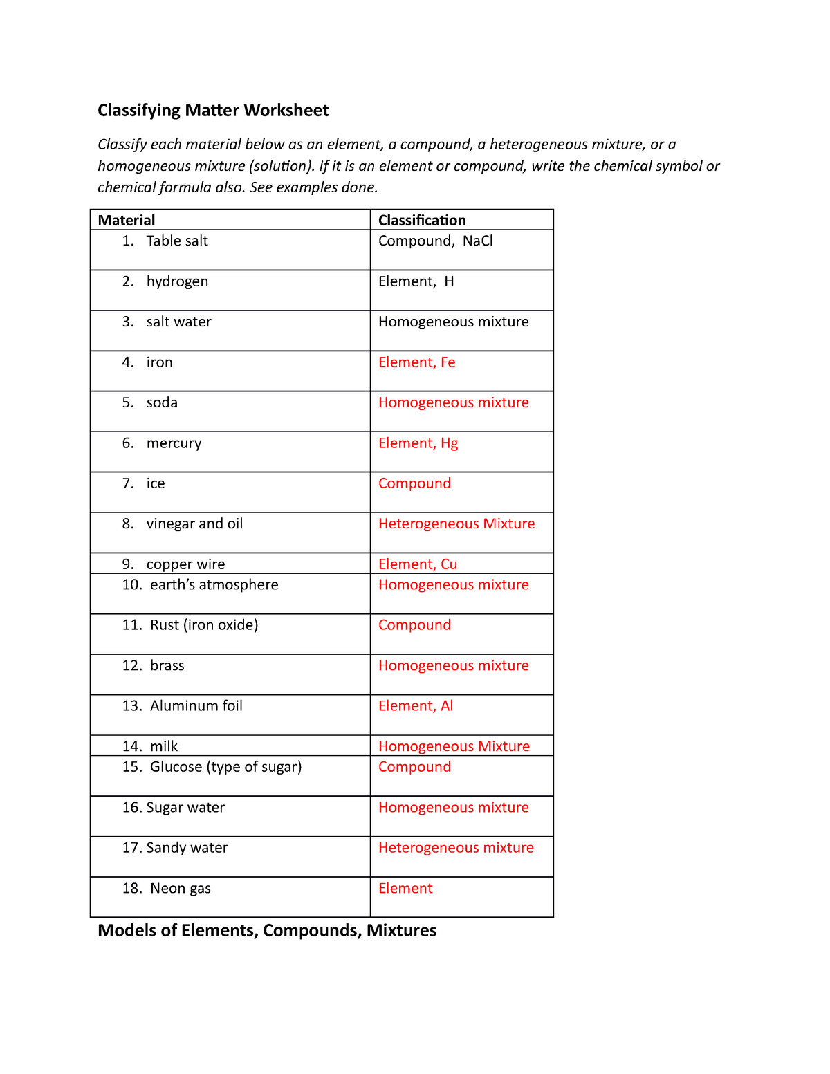 Classifying Matter Worksheet Worksheets Library