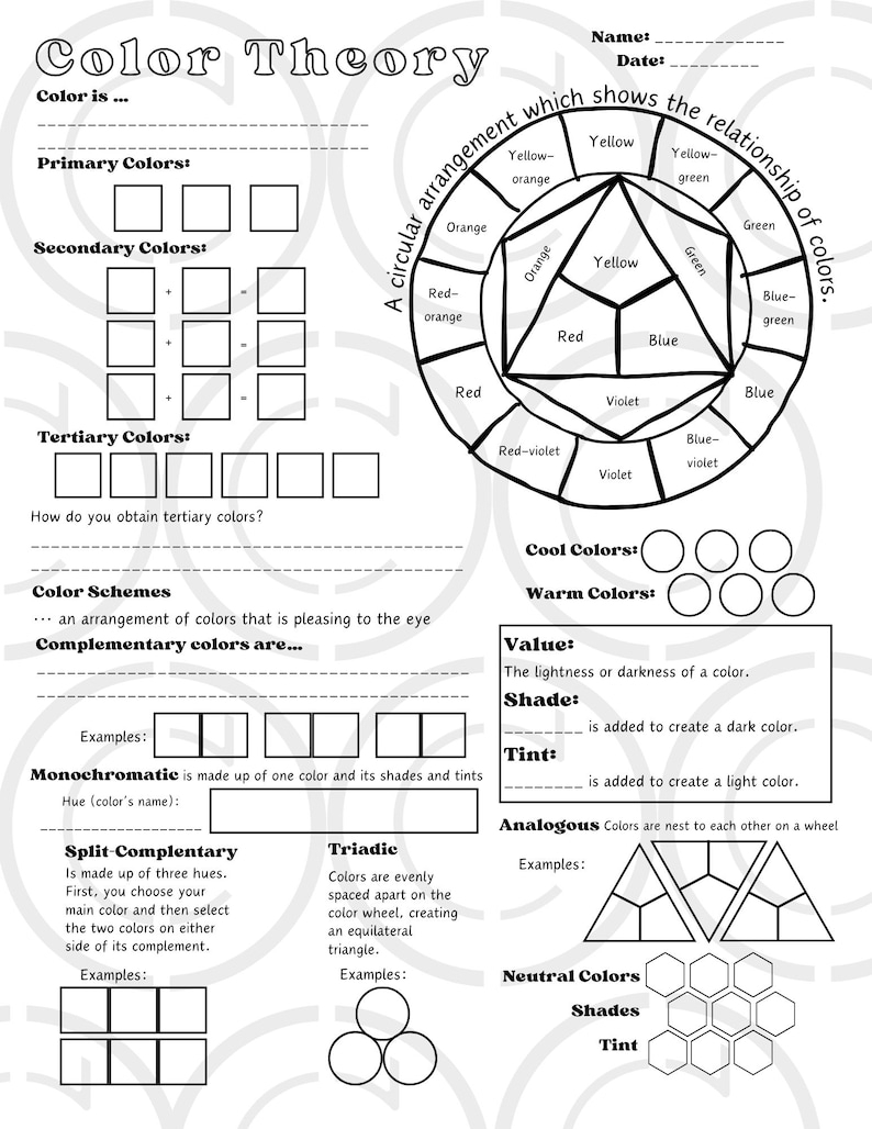 Color Theory Worksheet Blank Color Wheel Digital Coloring Page PDF 