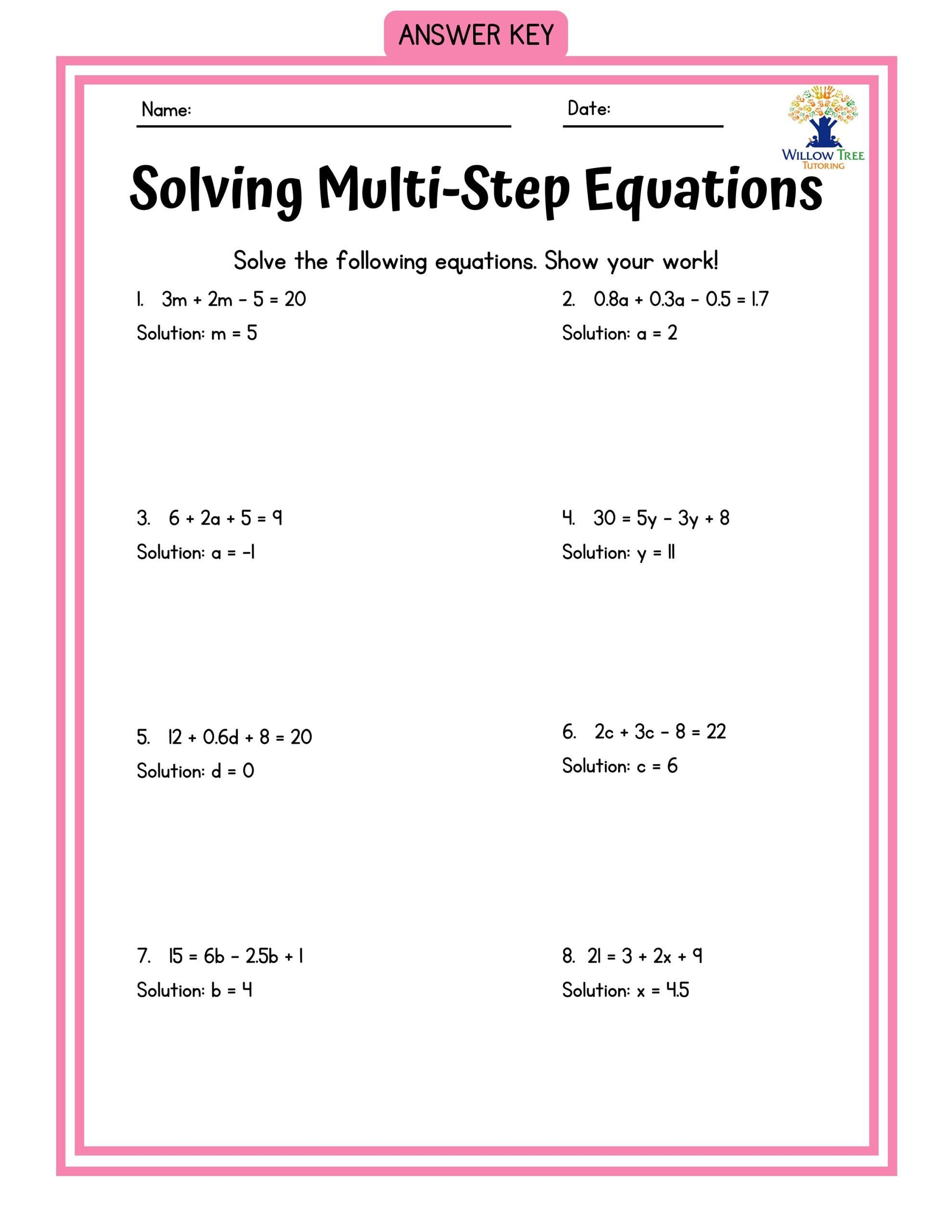 Colorful Solving Multi step Equations Tiered Worksheets Worksheets 