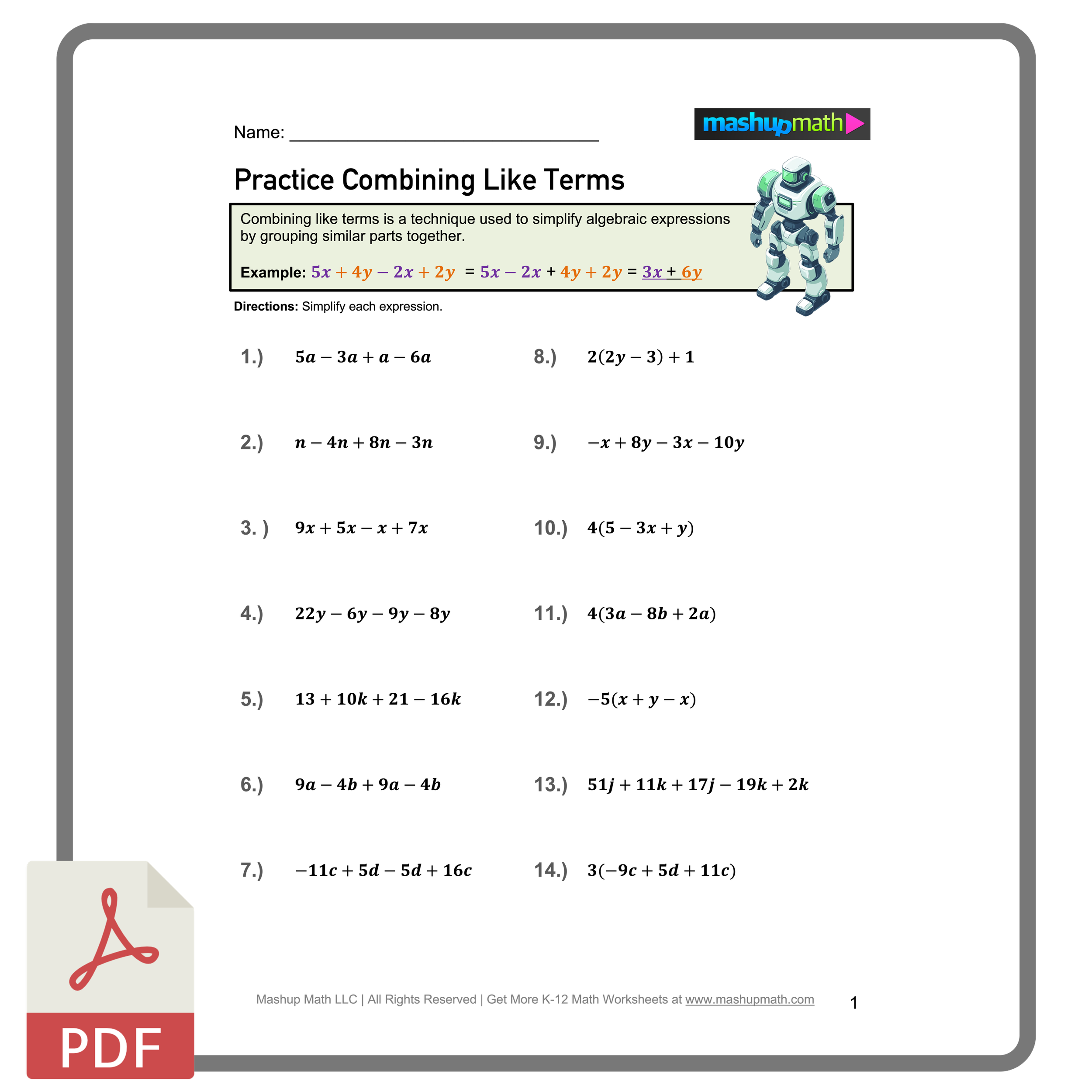 Combining Like Terms Worksheets Printable With Answers Mashup Math Combining Like Terms Worksheets Printable With Answers Mashup Math
