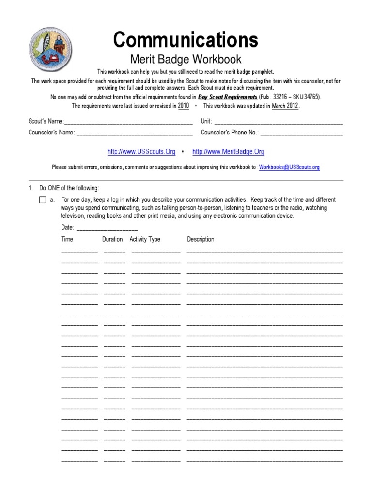 Communications Merit Badge Worksheet Communications Merit Badge Worksheet