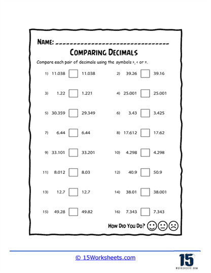 comparing decimals worksheet