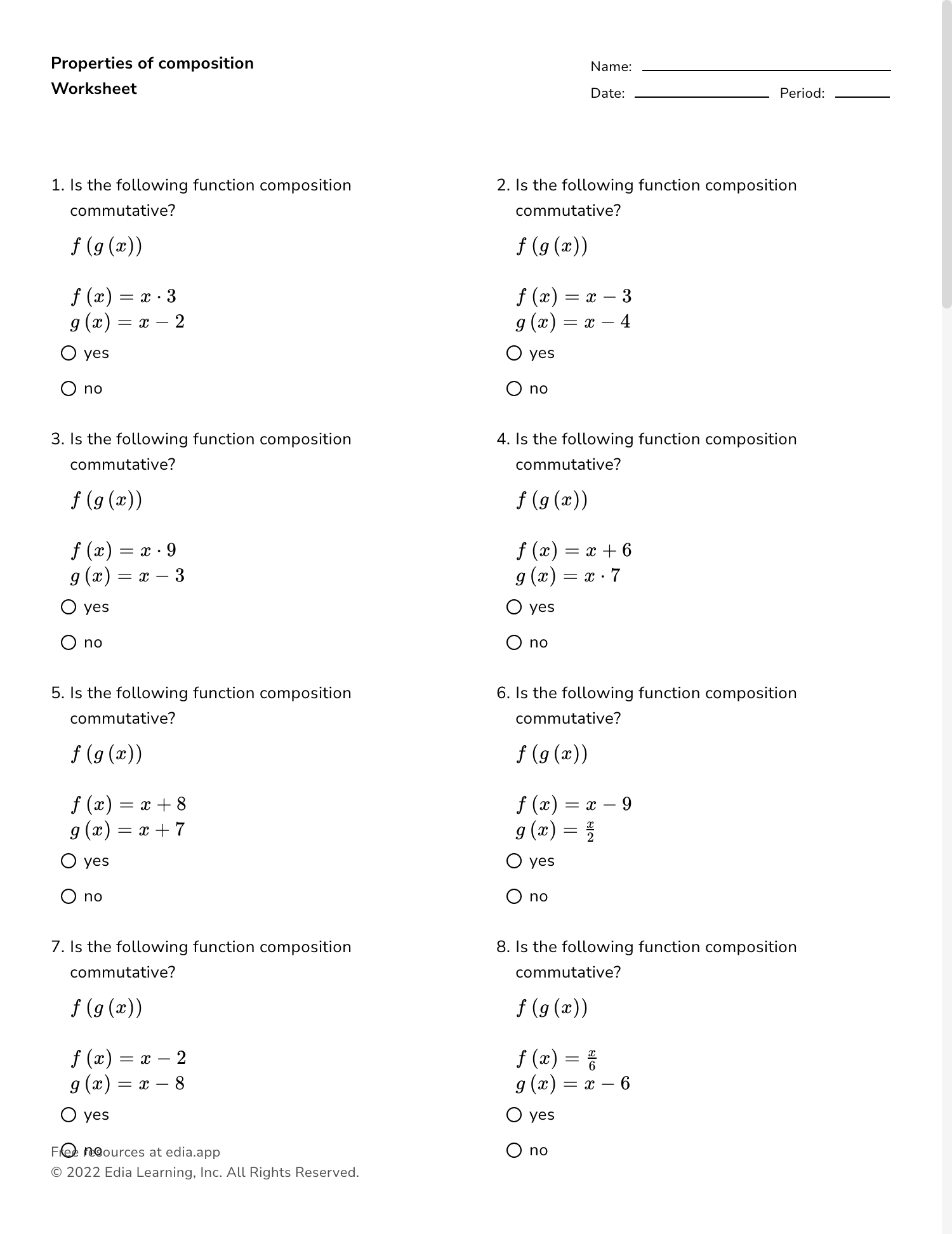 composite functions worksheet