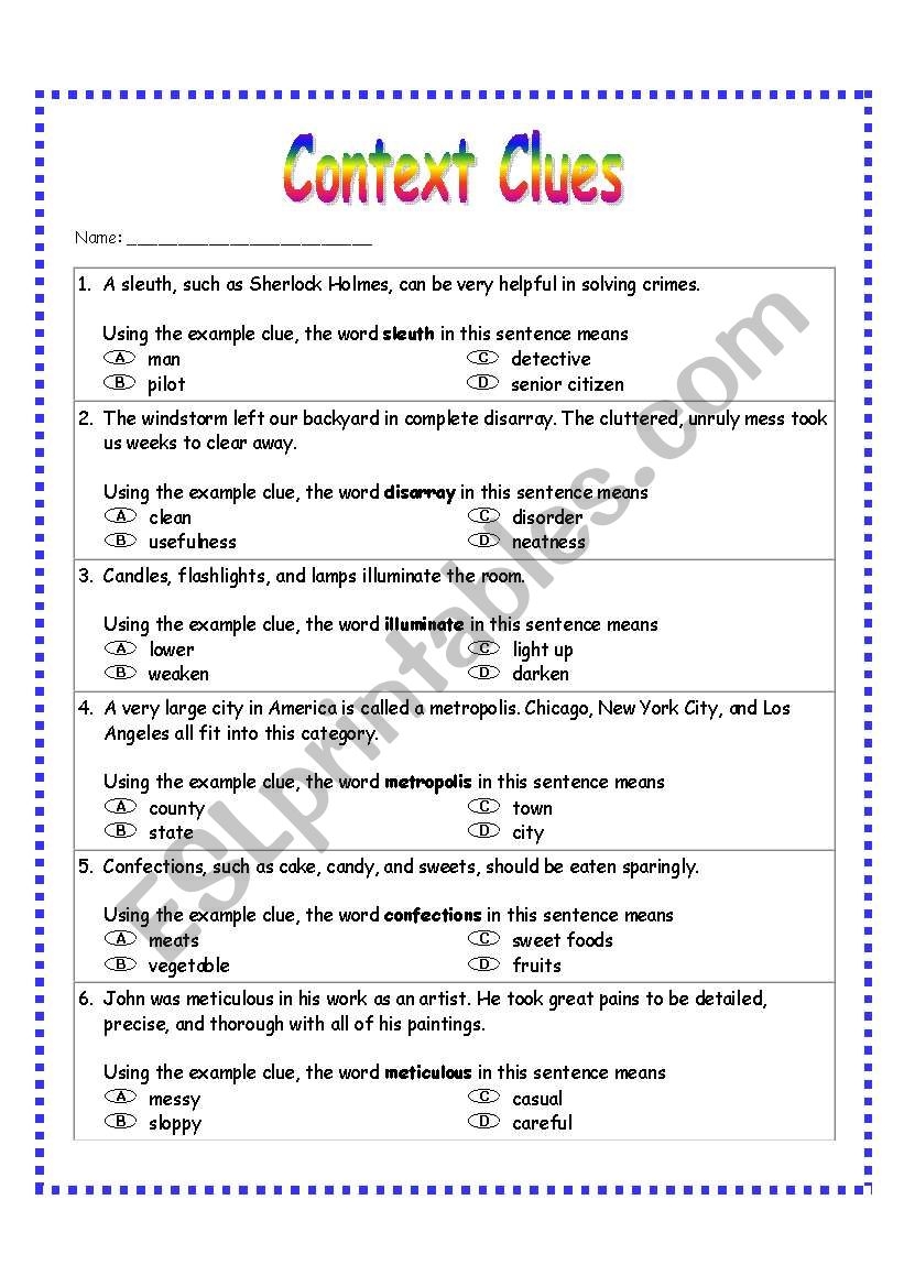Context Clues Worksheet 1 ESL Worksheet By Dreidteacher Context Clues Worksheet 1 ESL Worksheet By Dreidteacher