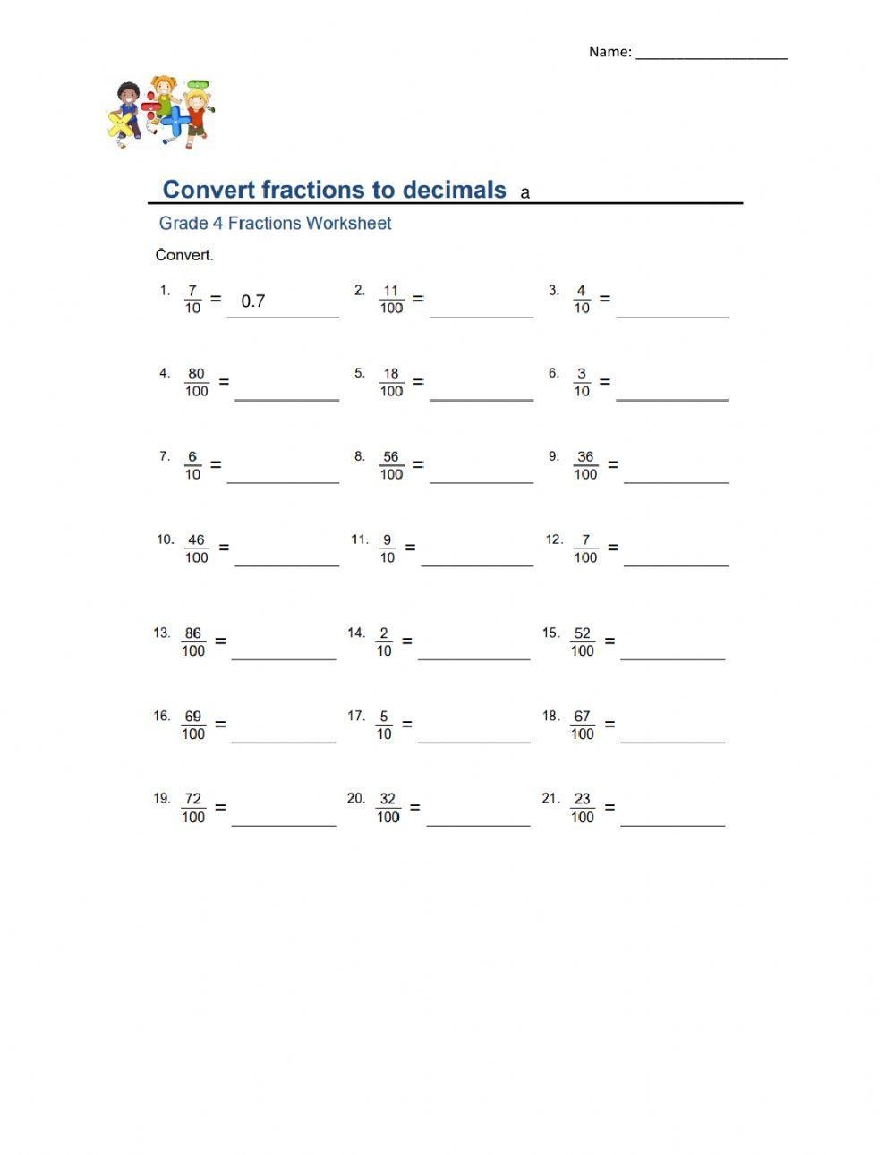 convert fractions to decimals worksheet