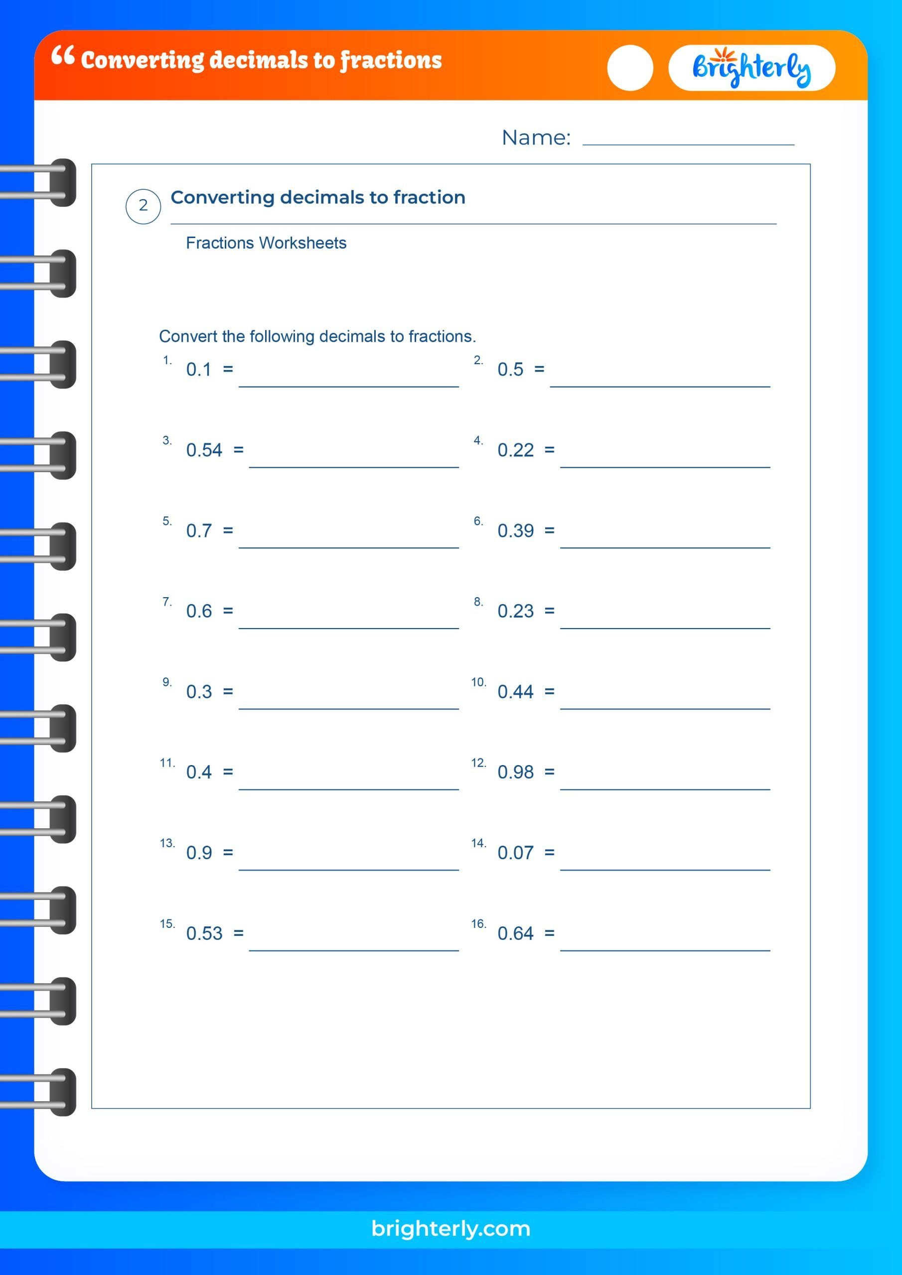 converting decimals to fractions worksheet