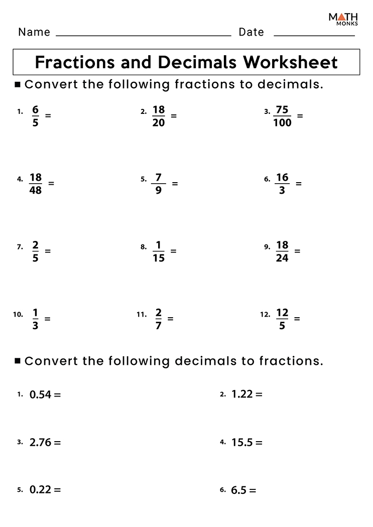 converting fractions and decimals worksheet