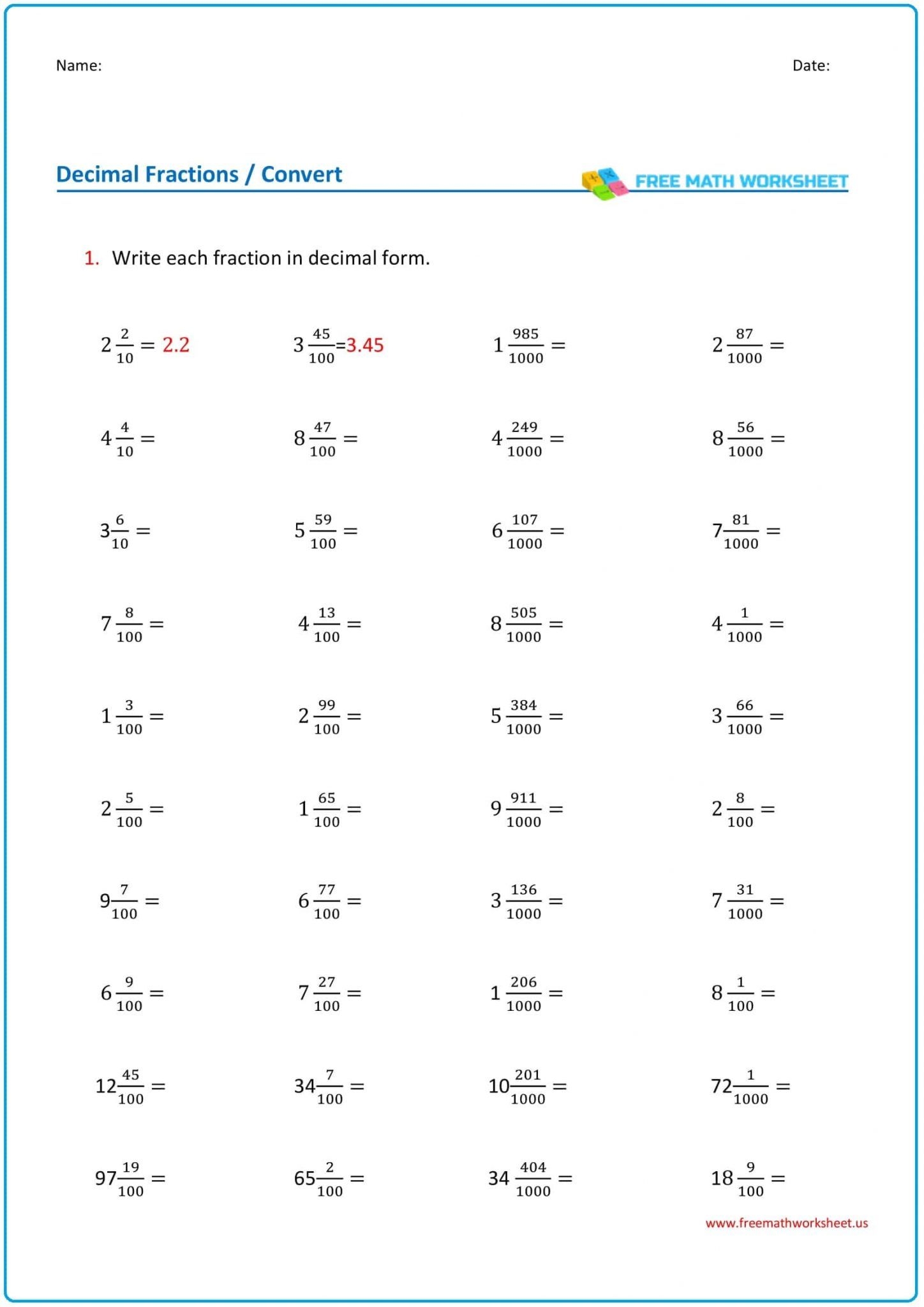 Converting Fractions To Decimals Worksheet Pdf Printable PDF Template