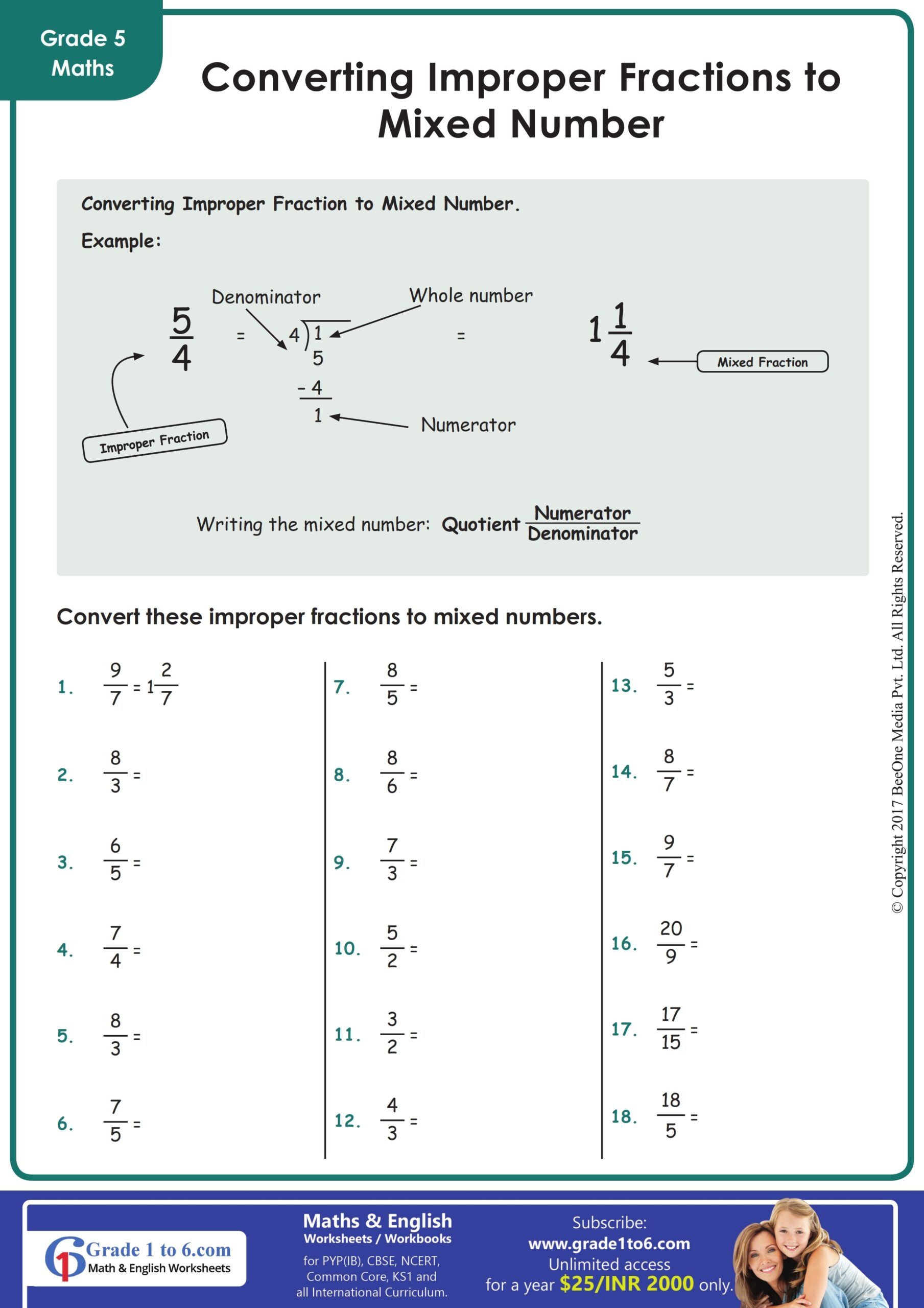 Converting Improper Fractions To Mixed Fractions A Worksheets Library