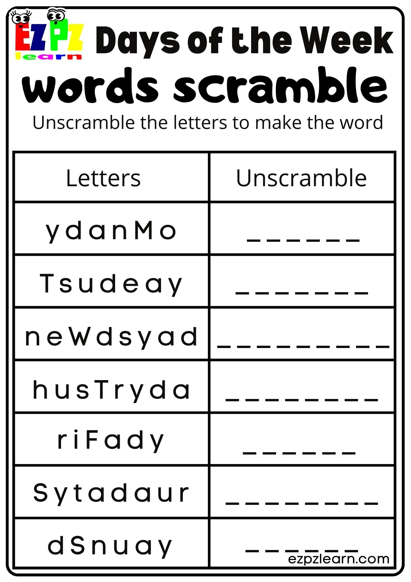 Days Of The Week Ezpzlearn Worksheets Library