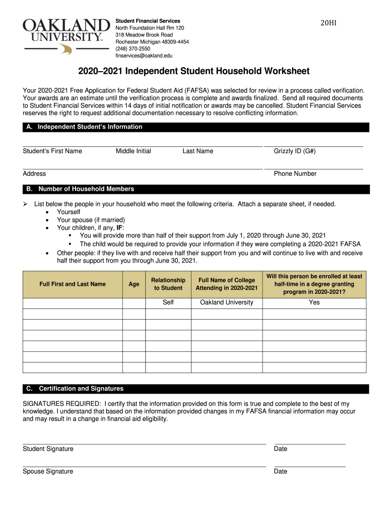 Dependent Student Household Worksheet Fill Online Printable 