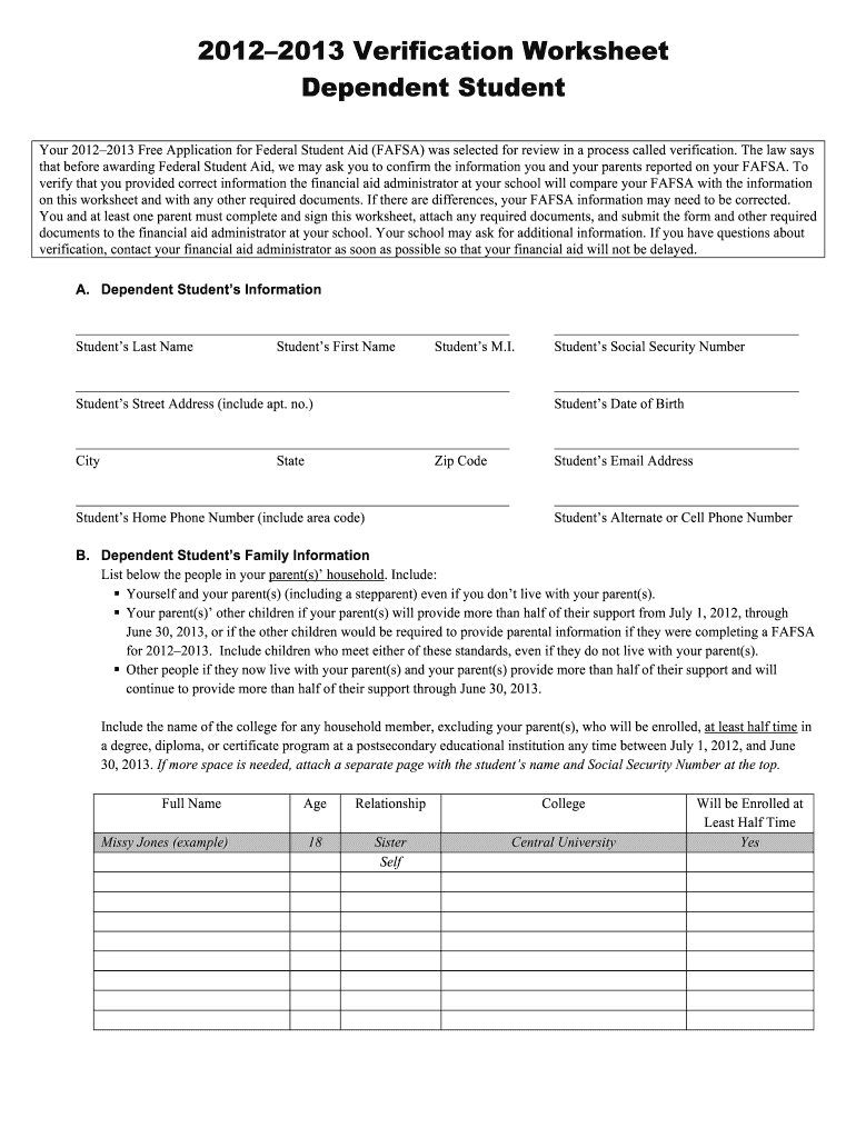 dependent student household worksheet