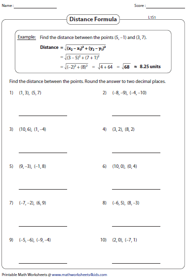 Distance Formula Worksheets