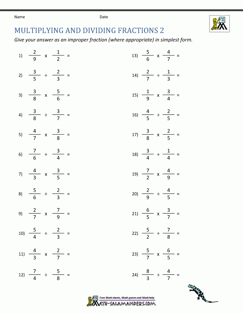 multiplying and dividing fractions worksheets