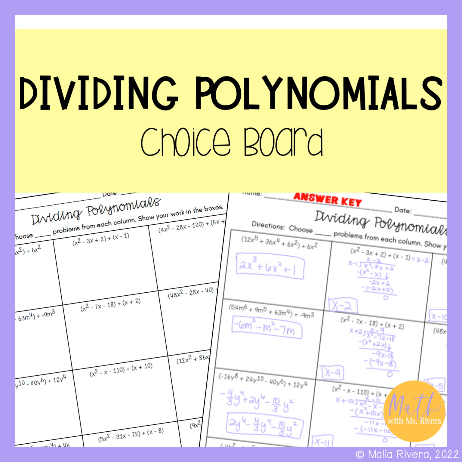 Dividing Polynomials Worksheet Choice Board For Algebra 1 Maila 