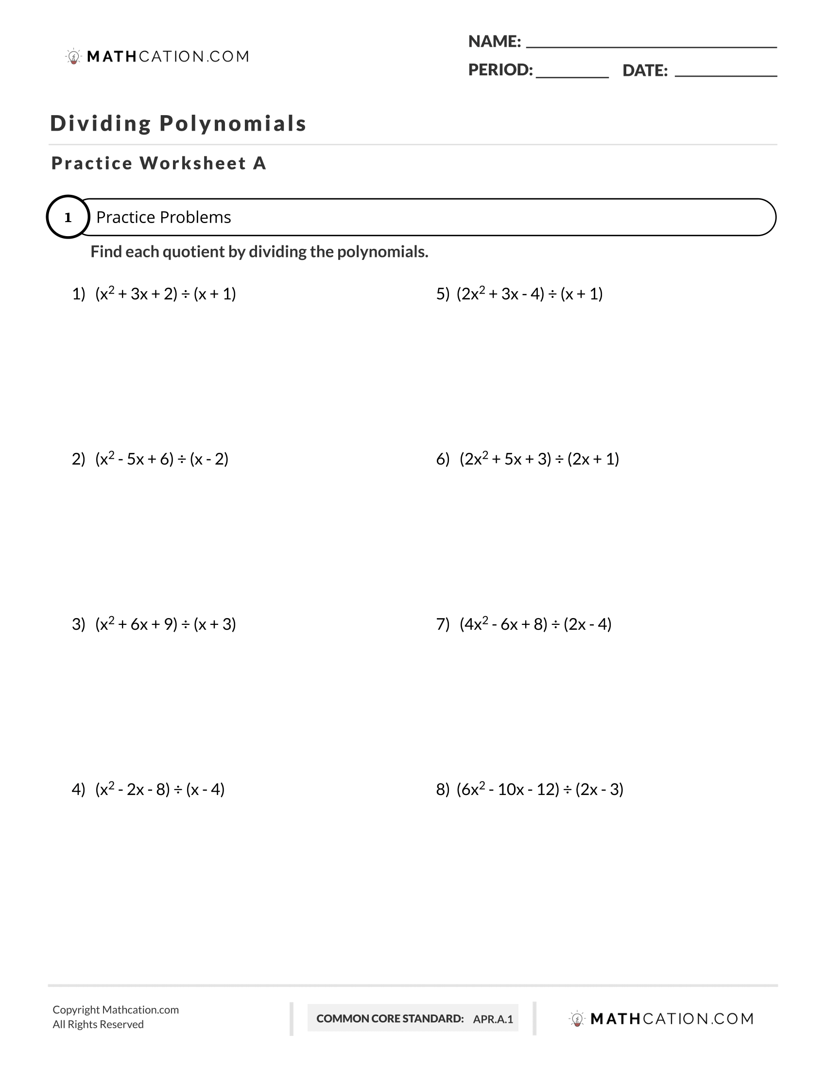 Dividing Polynomials Worksheet Steps And Examples