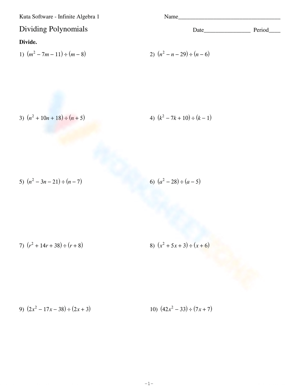 Dividing Polynomials Worksheet With Answers Pdf