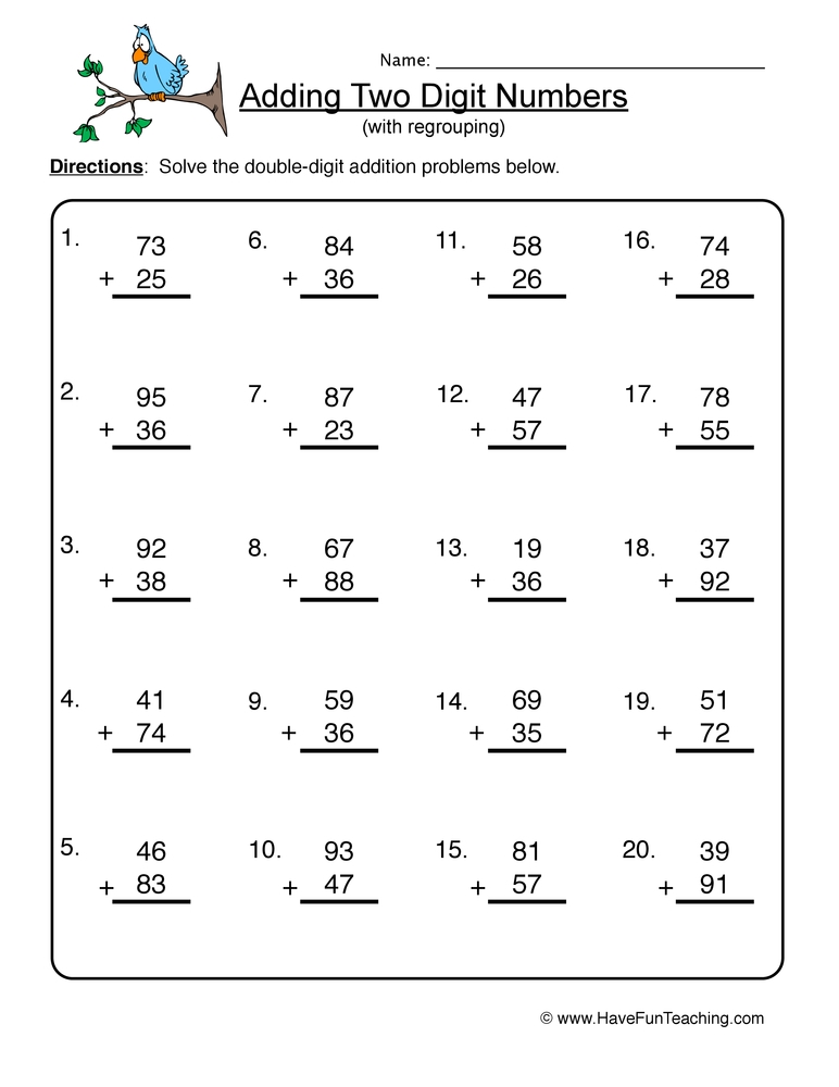double digit addition worksheets