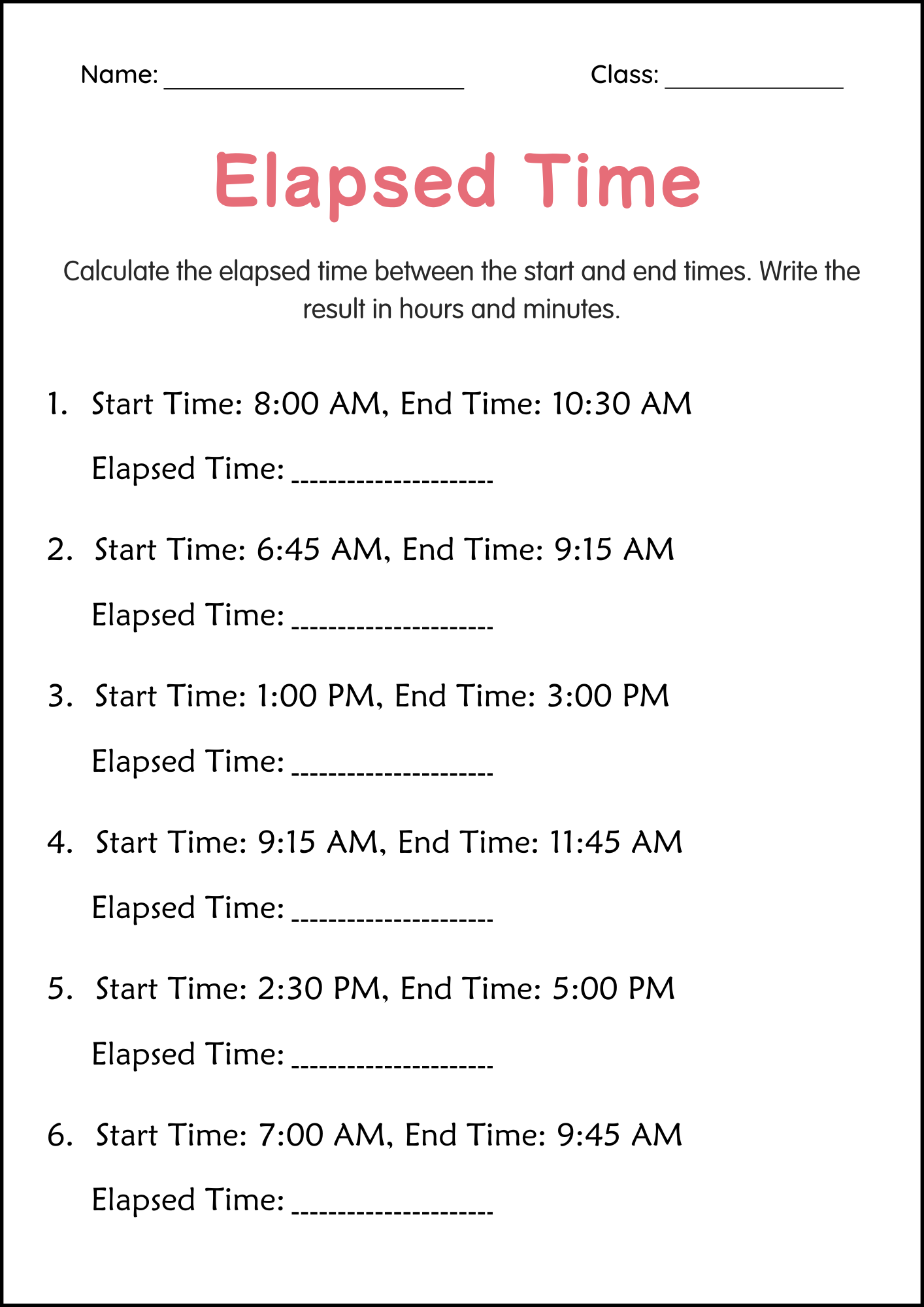 Elapsed Time Worksheets
