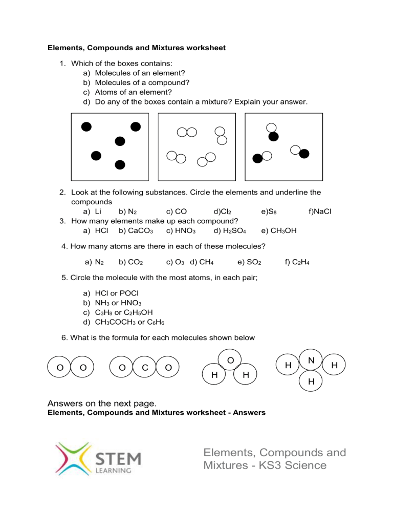 Elements Compounds Mixtures Worksheet KS3 Science Elements Compounds Mixtures Worksheet KS3 Science