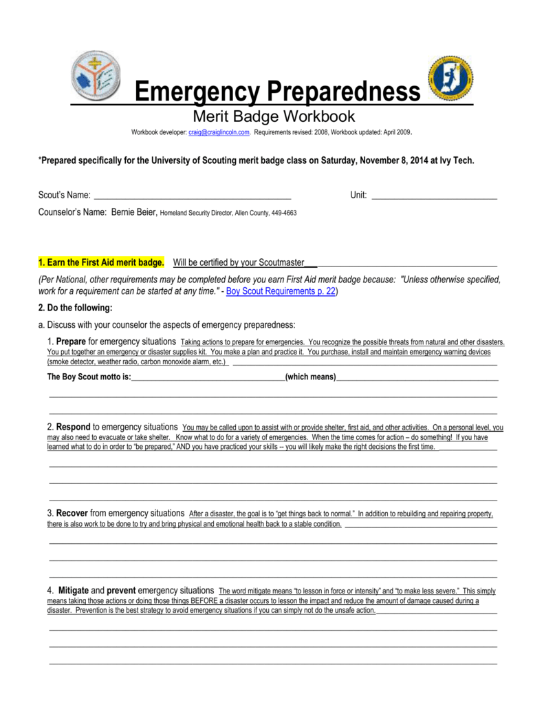 emergency preparedness merit badge worksheet