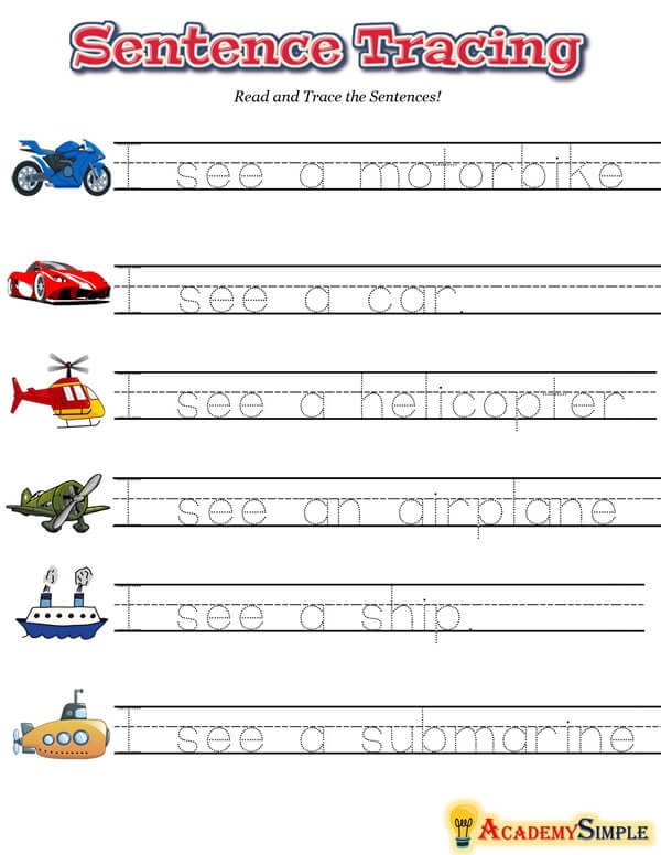 English Writing Sentence Tracing Worksheets Vehicles Academy Simple