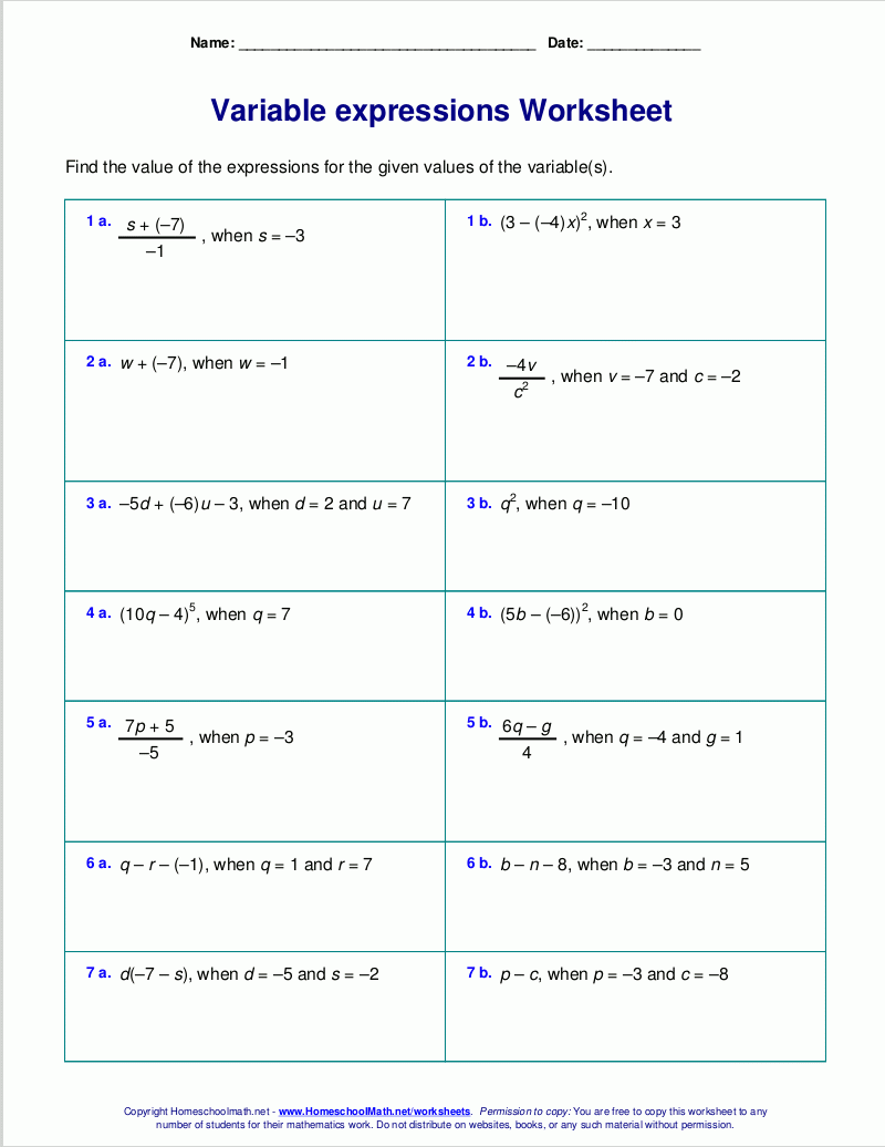 Evaluate Expressions Worksheet