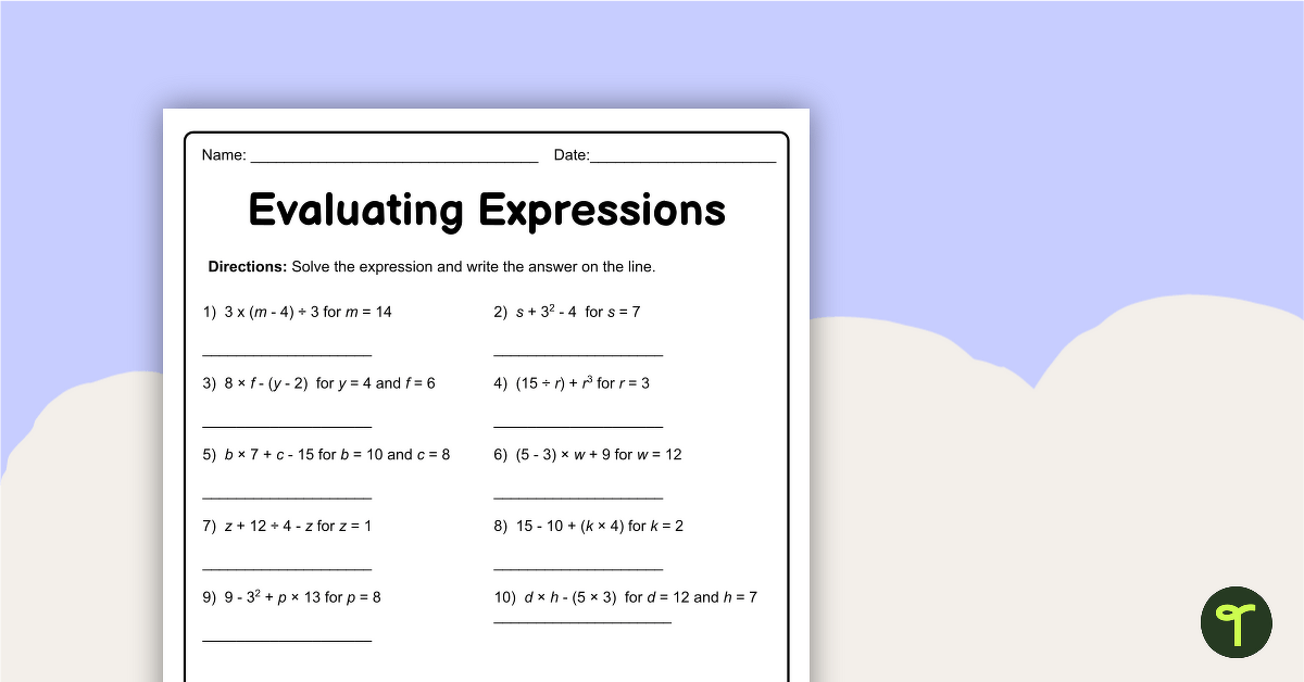 Evaluate Expressions Worksheet