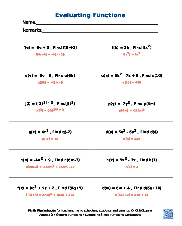 Evaluating Functions Worksheet Pre Algebra