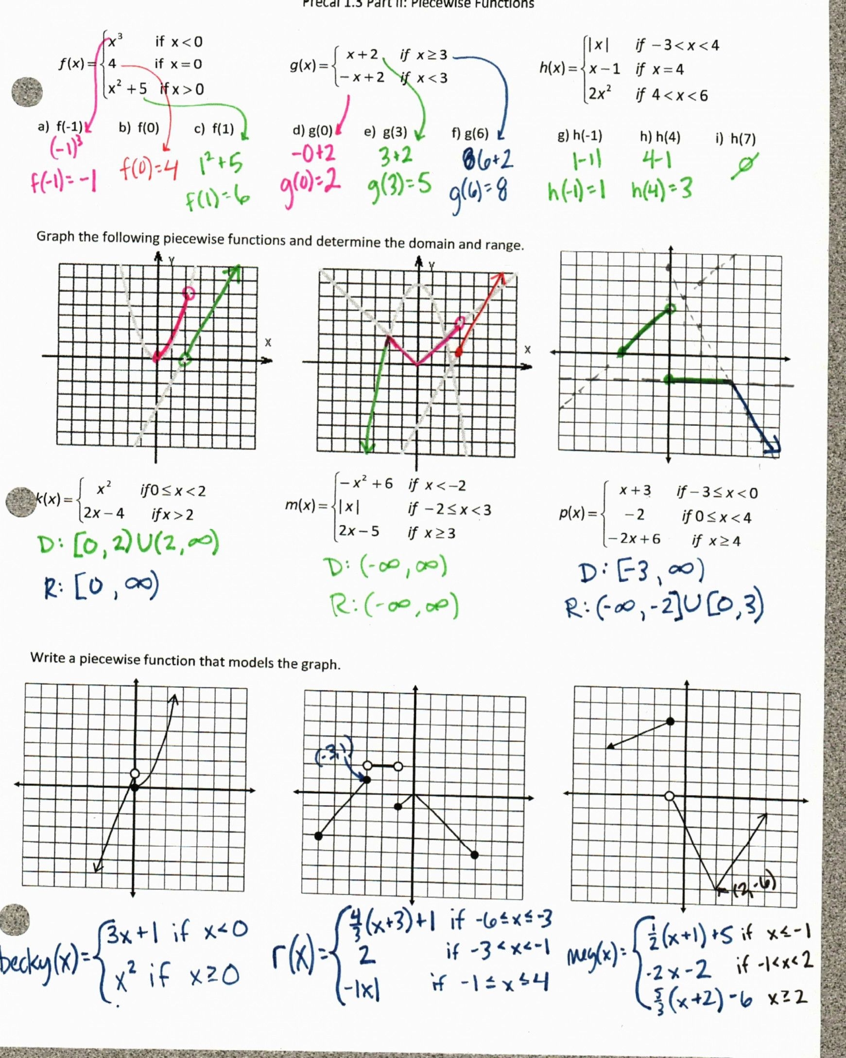 Evaluating Piecewise Functions Worksheet