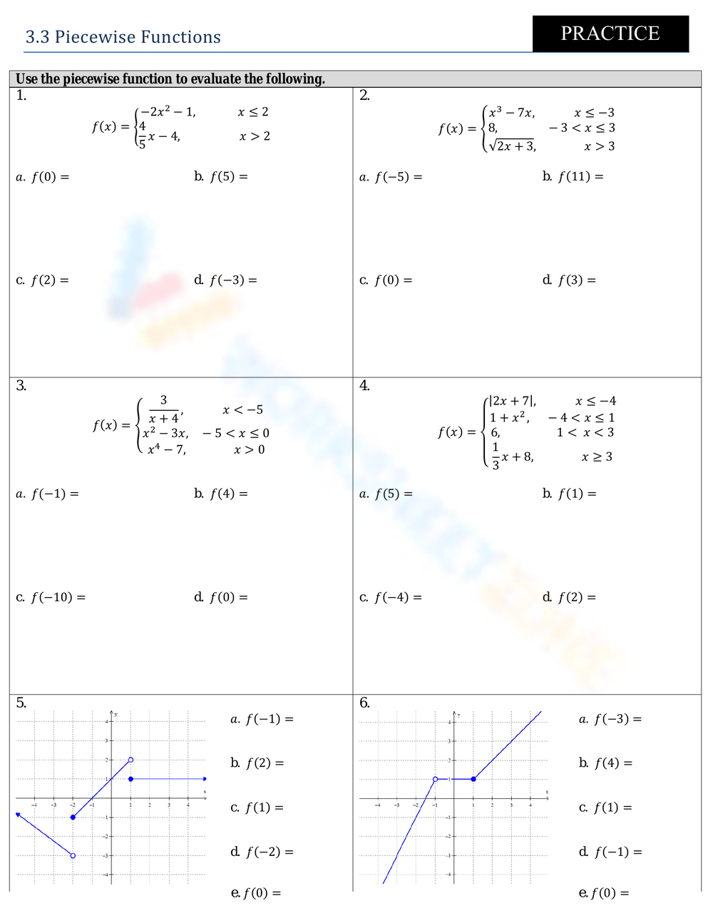Evaluating Piecewise Functions Worksheets