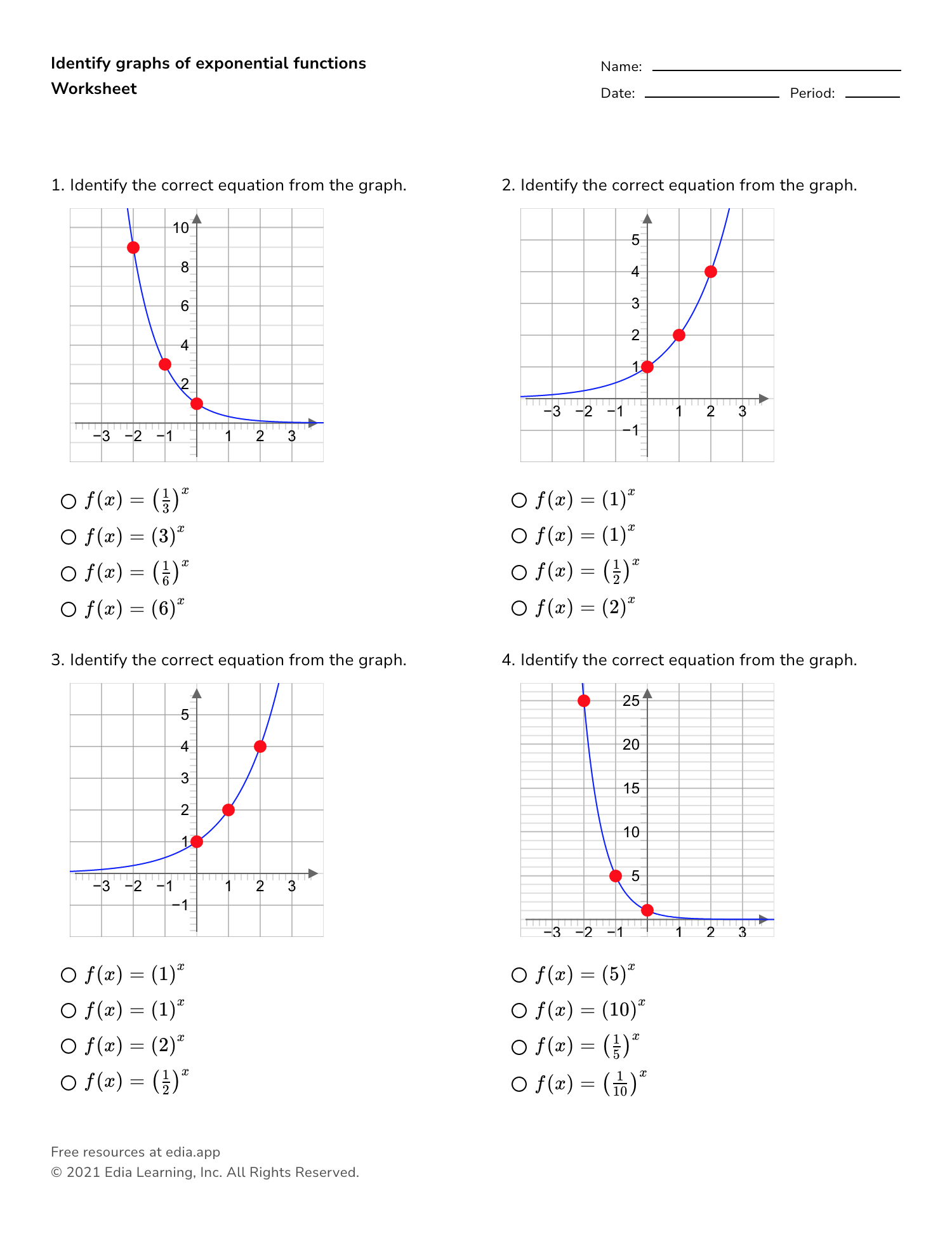 Exponential Functions And Equations Worksheets with Solutions 