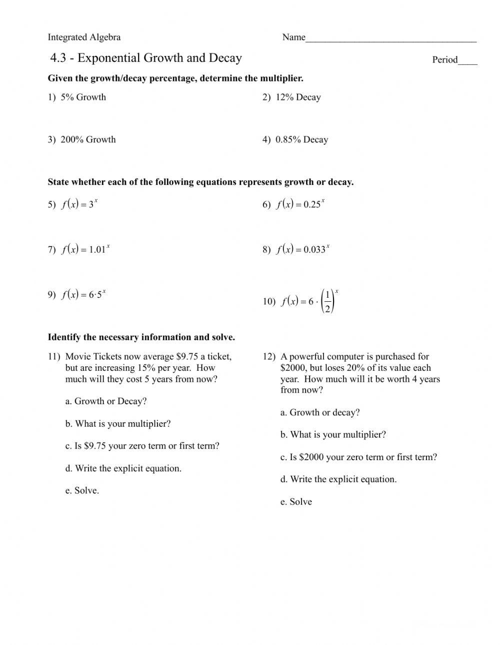 Exponential Growth And Decay Online Exercise For Worksheets Library