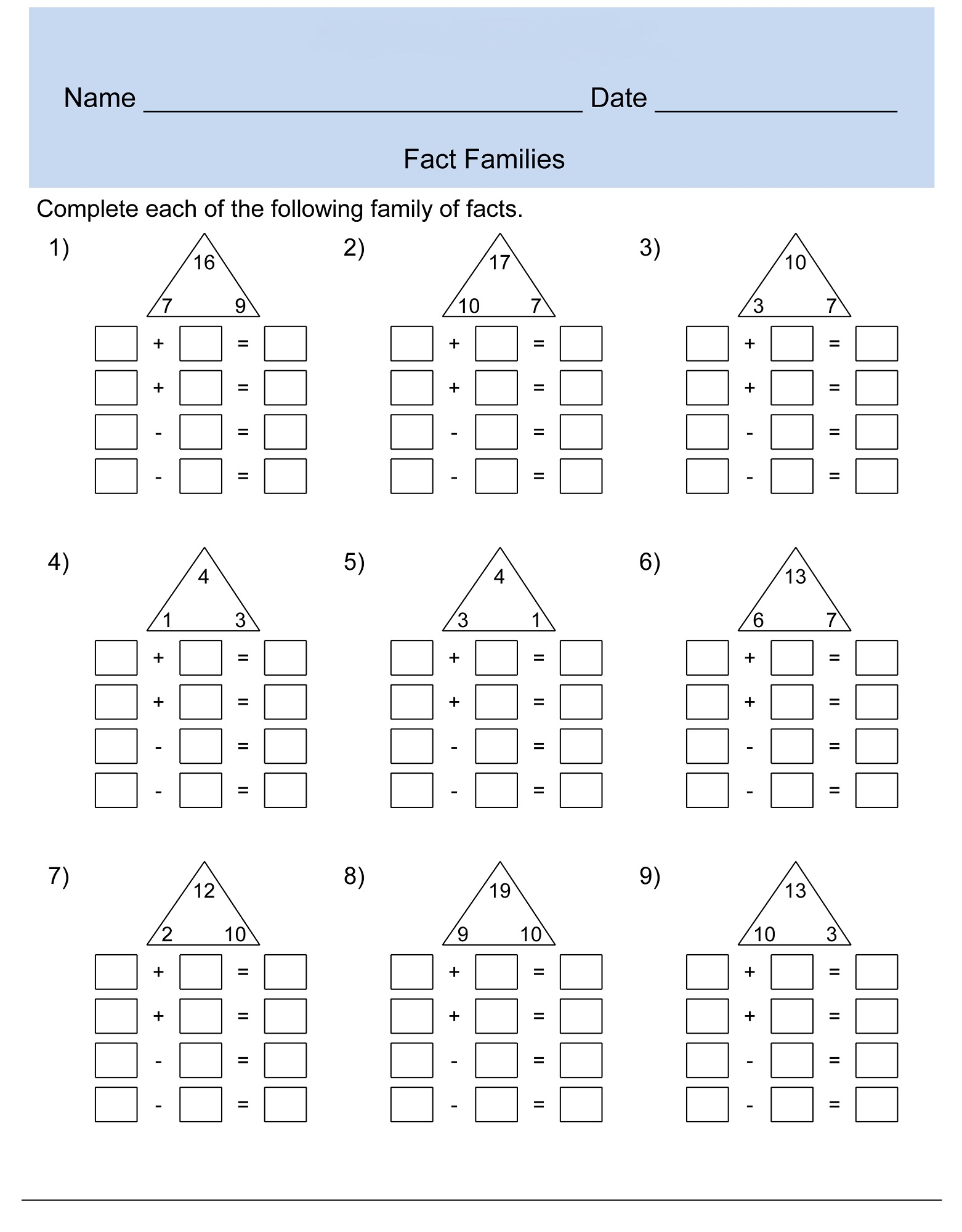 Fact Families Worksheets Printable Fact Families Worksheets Printable