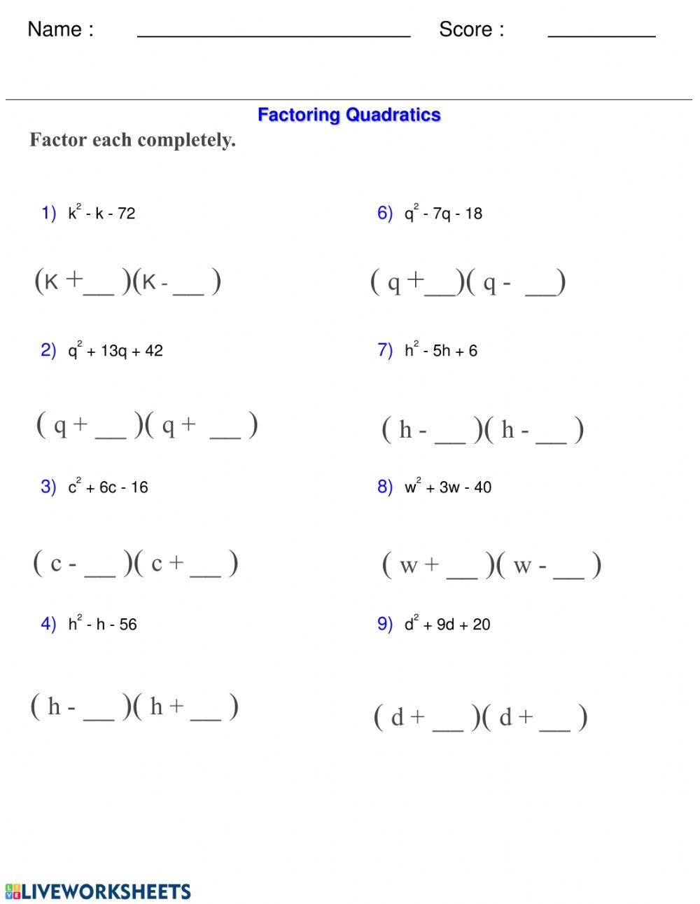 Factoring Quadratic Trinomials a Equals 1 Live Worksheet Online 