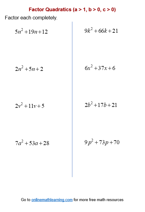 Factoring Quadratics Worksheets printable Online Answers Examples Factoring Quadratics Worksheets printable Online Answers Examples