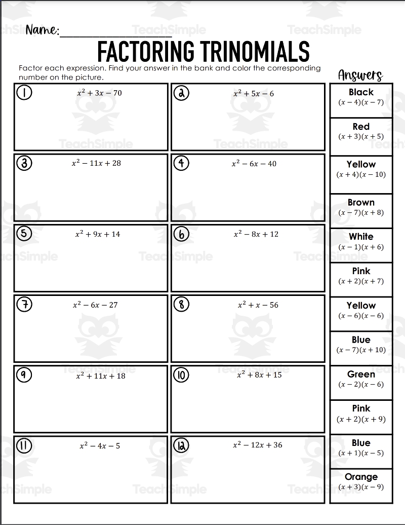 Factoring Trinomials Color By Numbers Worksheet Worksheets Library Factoring Trinomials Color By Numbers Worksheet Worksheets Library