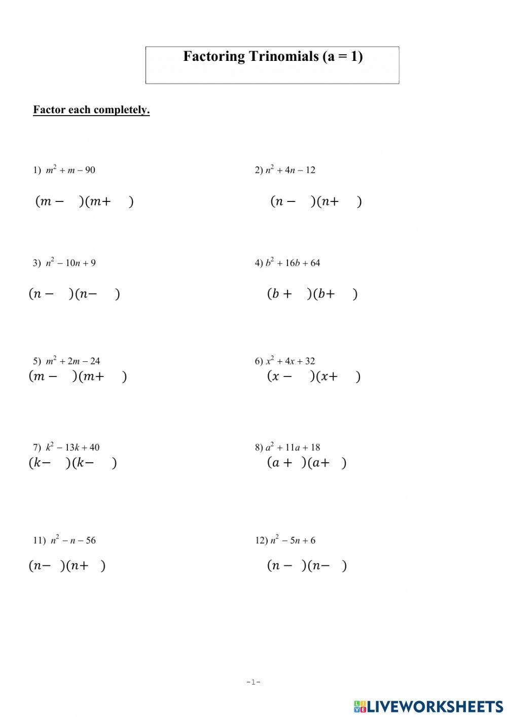 Factoring Trinomials When A 1 Worksheet By Mr Greenlaw Math Factoring Trinomials When A 1 Worksheet By Mr Greenlaw Math