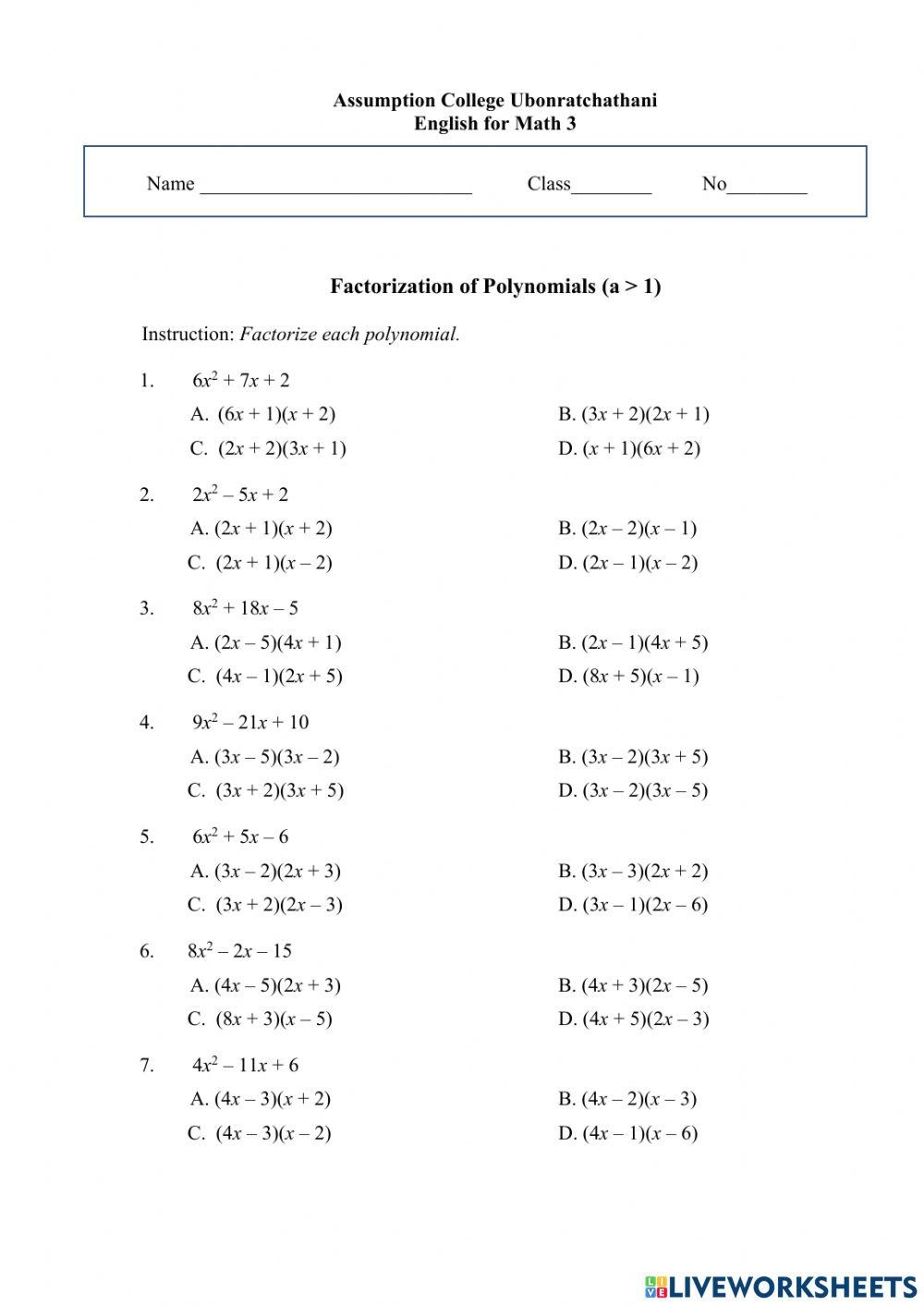 Factorization Of Polynomials a 1 Worksheet Worksheets Library Factorization Of Polynomials a 1 Worksheet Worksheets Library